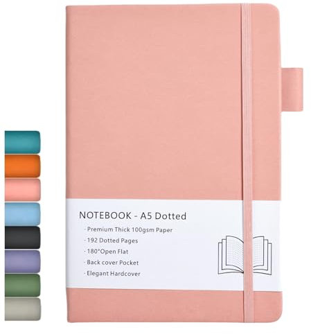 Bullet Dotted Journal, A5 Hardcover Bullet Dotted Journal mit Dickem Premium 100 GSM Papier, 192 Seiten, Innentasche, Gummiband, Kunstlederbezug, 14,5 x 21,3 cm (Rosa)