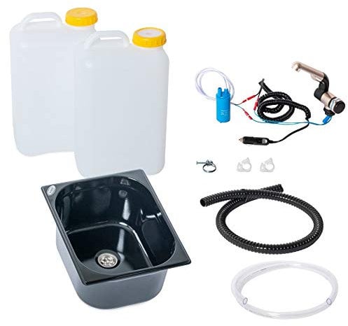 Wasseranlage Imbisswagen Verkaufsanhänger Campingküche 12v Bausatz Spüle schwarz 325x265x150mm + Wasserhahn Barwig Chrom Wasserkanister 19 Liter (ad-ideen)