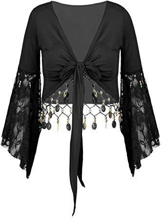 FEESHOW Damen Bauchtanz Kostüm Oberteil Spitzen Bolero Vorne Offen Quaste Cardigan Wickeljacke mit Tanz Belly Dance Outfit Top Schwarz 3XL