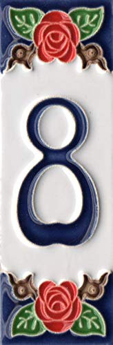 Numeri civici, numeri e lettere italiane in ceramica, motivo rosa, dimensioni piastrelle: 10 cm x 3,5 cm, 3 a 6 cornici (numero 8)