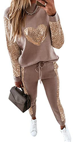 Onsoyours Damen Frühling Freizeitanzug Sportanzug Jogginganzug Trainingsanzug 2 Teiliges Langarm Hosenanzug Loose Fit Jogginganzug Trainingsanzug Tracksuit E Pailletten S