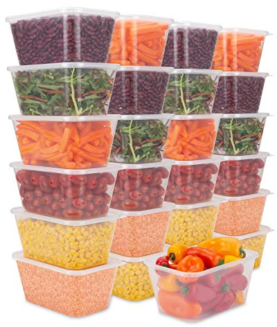 STACKABLES - Paquete de 25 recipientes de almacenamiento de alimentos reutilizables de plástico de 32 onzas con tapas: recipientes para comida de 1000 ml con tapas - Sin BPA, microondas