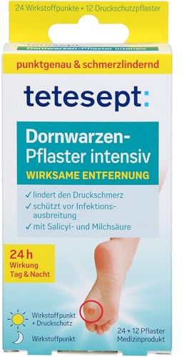 tetesept Dornwarzen Pflaster Intensiv, 2x12 Wirkpunkte + 12 Schutzpflaster | 24h Set für Tag & Nacht, Dornwarzenpflaster zur wirksamen Entfernung, mit Salicyl- & Milchsäure, schont umliegendes Gewebe