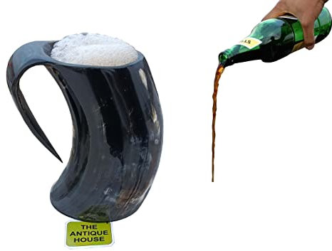 THE ANTIQUE HOUSE Viking Drinking Horn 100% Natural Authentic Ox Horn Mug for Beer Wine Ale Mead Water