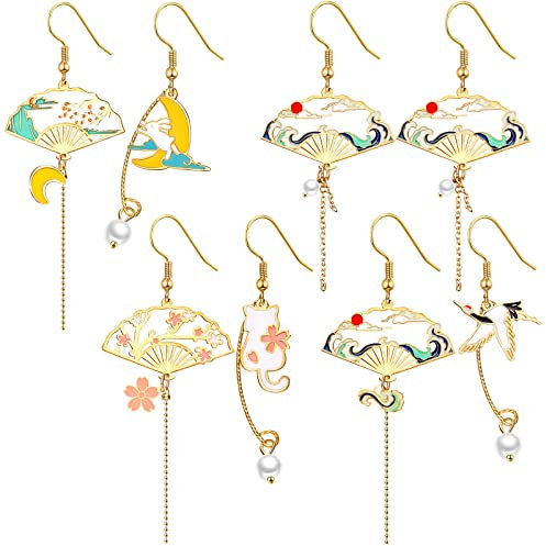 4 Pairs Asymmetric Fan Earrings Chinese Earrings for Women Oriental Earrings Sector Drop Earrings Cloud Earrings Aesthetic Hanging Dangle Jewelry
