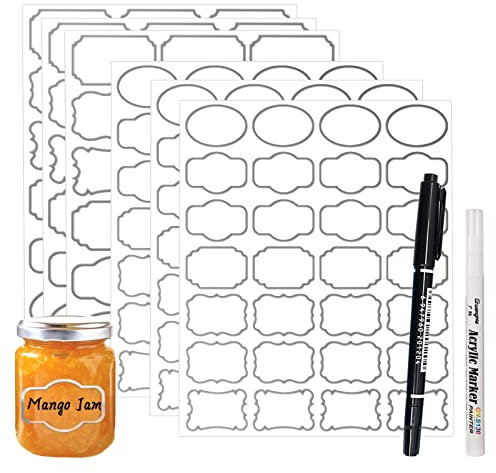 JaoNanl Removable Clear Labels for Jars, Transparent Label Stickers with Silver Border,Waterproof Write-On Kitchen Labels with Markers for Food Container,Storage Bin,Spice Jar,Home Organization,138Pcs