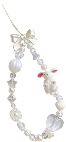 Universale Handykette Blume Handyanhänger Anti-Verlorene Handy Lanyard Perlen Kette Strap Telefon Anhänger Böhmen Stil Handy-Schmuck Schlüsselanhänger Charme für Damen Mädchen,Hase