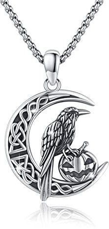 Wikinger Raben Kette 925 Sterling Silber keltischer knoten Mond Halskette mit Krähe Halloween Gothic Raben Schmuck Geschenke für Herren Damen
