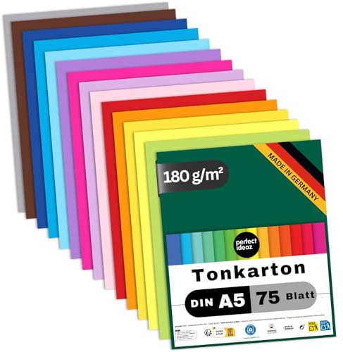 perfect ideaz 75 Blatt Tonkarton DIN-A5, 15 Farben, 180 g/m², made in Germany, Blauer Engel zertifiziert (15 Farben - R)