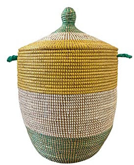 Wäschekorb Afrika - S/M/L/XL/XXL - Das Original aus dem Senegal - Afrikanischer Flechtkorb mit Deckel - Fair Trade Korb - Graskorb - Dekokorb (M, Bold Stripes Grün & Gelb)