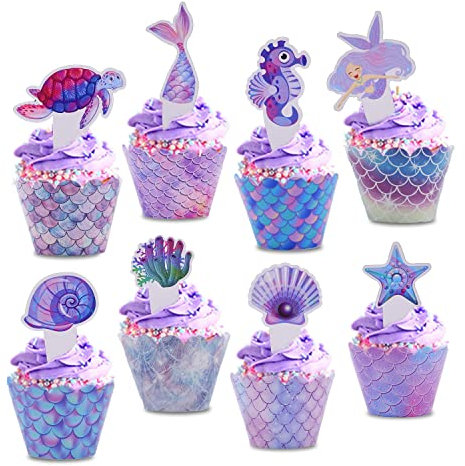 kukifun Meerjungfrau Tortendeko 48 Stück Meerjungfrau Kuchen Deko Meerjungfrau Cupcake Topper und Wrapper Set Mädchen Meerjungfrau Geburtstagsparty, Babyparty, Unterwasserparty