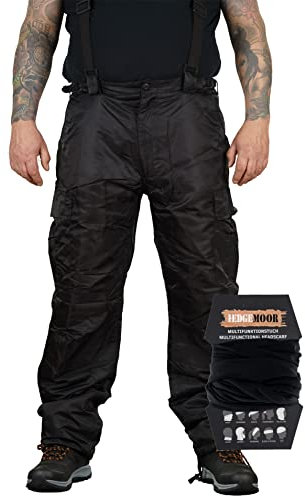 Herren Regenhose mit Hosenträgern Thermohose Schneehose Outdoor Hose inkl. MF Tuch, Schwarz, Größe XL