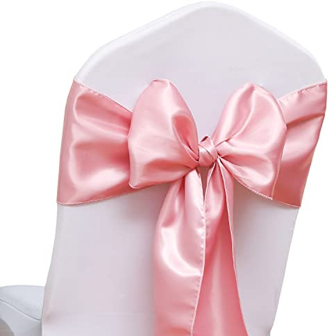 MAGTOWNE Confezione da 50 fasce per sedie in raso rosa polveroso per matrimoni, 17,8 x 274,4 cm, fiocchi per sedie in raso, per matrimoni, cerimonie chiese, eventi, decorazioni per sedie