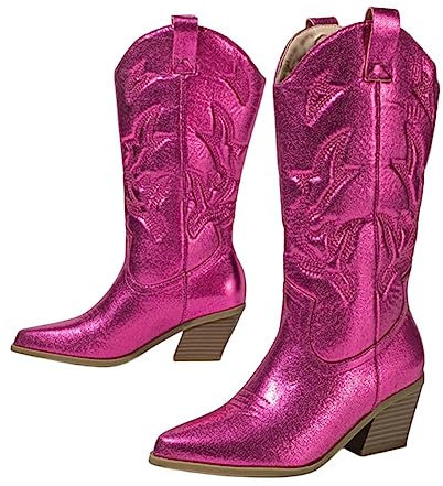 CRETUAO Bottes mi-Tube Brillantes à la Mode pour Femmes,Bottes de Cow-Boy occidentales à Bout Pointu brodées Vintage,Bottes à Hauteur du Genou à Talon épais métallique,Rose Red,40 EU