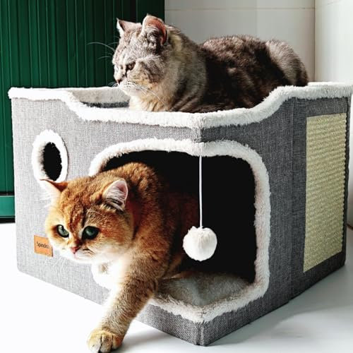 Spindro Katzenhöhle Katzenbett große, Katzenhaus Indoor Katzen schlafplatz mit abnehmbarem Sherpa Katzenkissen und hängendem Spielzeug, Katzen Bettchen, hellgrau 42x42x33cm