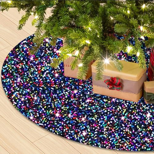 WUPIOS Pailletten-Baumrock, Regenbogen-Weihnachtsbaum-Abdeckung, 117,8 cm, glitzernde Meerjungfrauen-Baumröcke, Samt, Baumrock, Teppich, bunte Baumdecke für 1,8 m Weihnachtsbaum, glitzernder Baumrock,