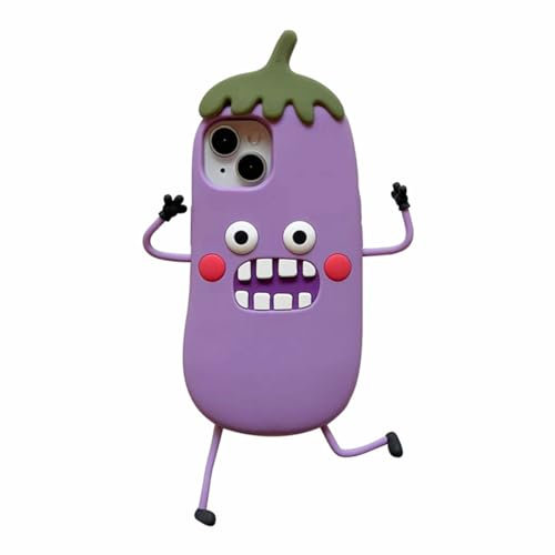 eglixu Süße Cartoon-Auberginenpuppe Monster-Schutzhülle für iPhone 15, Kawaii, lustiges, kreatives Design, weiche Silikon-Schutzhülle für Mädchen und Jungen