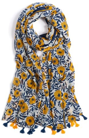 QIUTIMIY Schals für Damen Dünn Blumenmuster Bunte Schals und Tücher Halstuch mit Quasten für Frühling Sommerschal(Blume-Gelb Blau)