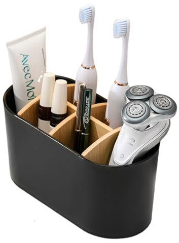 Vueinrg Porta Spazzolini Bagno, Porta Dentifricio Multifunzional Porta Spazzolino Bagno con 4 Scomparti per Spazzolini da Denti + 2 Scomparti per Porta Dentifricio, Spazzolino e Rasoi (Nero)