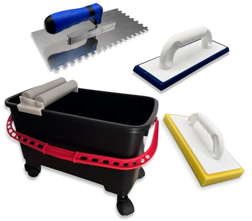Profesius Fliesenwasch-Set 20 Liter - für Fliesenleg und Verfugarbeiten- Eimer mit Rollen und Bodengitter - inklusive Hydrowaschbrett + Ausfugbrett + Glättekelle