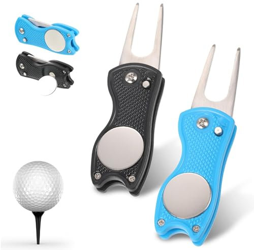 2PCSJYTDBCS Golf Divot Repair Tool Metal Foldable Golf Divot Tool Golf Pitch Mark Repair Tool Golf Pitchfork Golf Foldable Divot Tool with Pop-up Button and Magnetic Ball Marker for Golfer Divot Tools