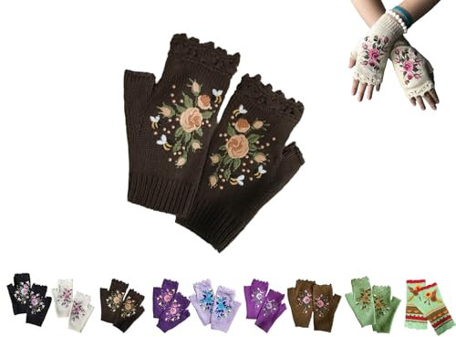 Handgestickt Fingerlose Handschuhe Damen Winter Blumen Stickerei Armstulpen Handschuhe Damen Pulswärmer Strick Handstulpen Kurz Gestrickte Halb Fingerlose Fäustlinge Fingerlose Handwärmer (01)