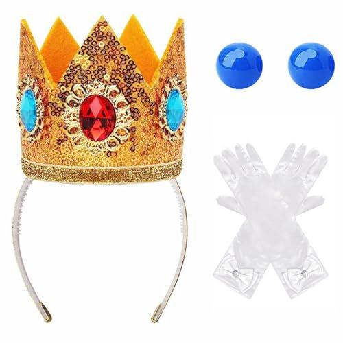 JEYORZY 3 StüCk Set Prinzessin Peach KostüM ZubehöR,Krone/Ohrringe/Handschuhe,Damen-Prinzessin-ZubehöR Für Frauen Mädchen Karneval Halloween Cosplay