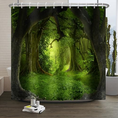 Xiaoterna Frühling Duschvorhang Zauberwald Duschvorhang Mysteriöse Naturlandschaft Badvorhang Fantasie Dschungel Baum Grün Pflanze Duschvorhang Maschinenwaschbar Wasserdichter Stoff 240x180cm