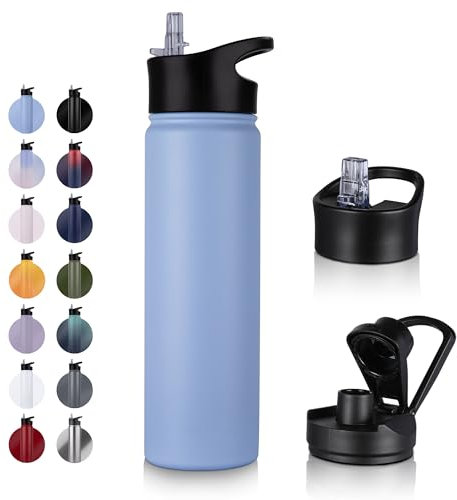 UMBFUN Edelstahl Trinkflasche - 750ml - mit Strohhalm,Auslaufsicher,Kohlensäure Geeignet,BPA frei Thermosflasche(+2 Deckel) Vakuum Doppelwandisolierung für Sport,Reisen,Camping,Schule,Fahrrad,Gym