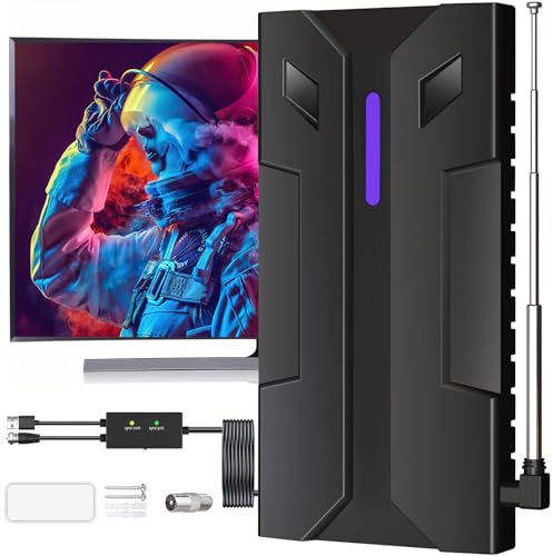 Outdoor/Indoor TV Aerial with Strong Signal Booster & Telescopic Antenna Pole for 560+ Miles Signals, Freeview Aerial for 4K 1080P Local Channels, Waterproof TV Antenna with 16.4FT Coax Cable