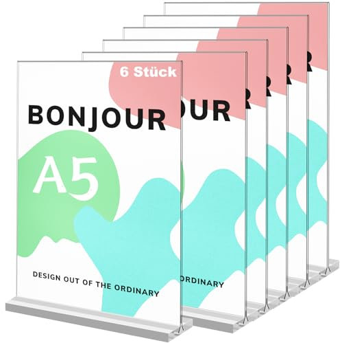Yoosso 6 Stück Tischaufsteller A5, Preisschilder Aufsteller Acryl Display Ständer T Form Fotoaufsteller Doppelseitig für Restaurants Cafés Hochzeit (21 x 15cm)