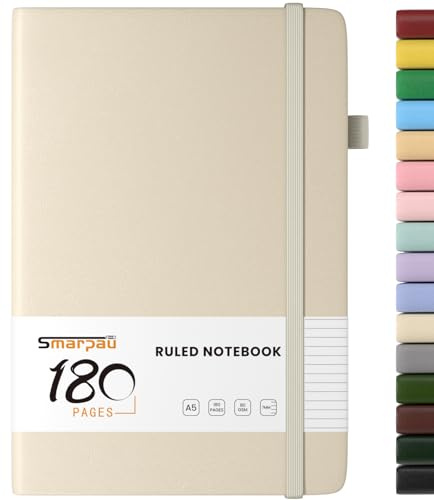 Smarpau A5 Notebook, 180 Pages Leather Journal Notebook Hardback Notepad, Thick Journal for Women Men, No Bleed for Writing, Note Book for Office School Travel-Beige