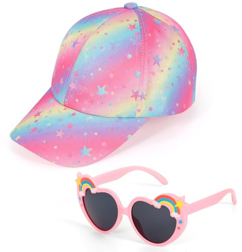 Basecap Kinder Sonnenbrille Mädchen, Regenbogen Baseball Cap Herz Sonnenbrille Set Verstellbare Sonnenhut Bunte Sternen Sommer Kappe Tie-Dye Schildmütze Geschenke für Mädchen 3-10 Jahre