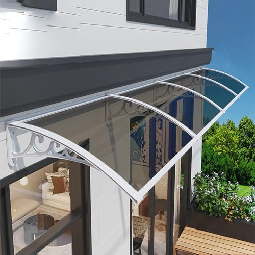 Fenstermarkise, Eingang, 120 x 400 cm, Türüberdachung, Frontabdeckung mit Kunststoff-Stahlhalterung, weiße Halterung, hellbraunes Paneel, Außentür, Terrassenüberdachung, Terrasse, Wand, Fenster,