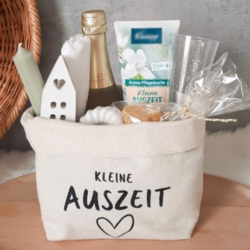 Wellness Geschenkset Frauen mit Aroma Duschbad | Kleine Auszeit im Canvas Baumwoll-Korb als Geschenk Freundin | Entspannung Geschenk | Geschenke Freundin | Geburtstagsgeschenk Frauen