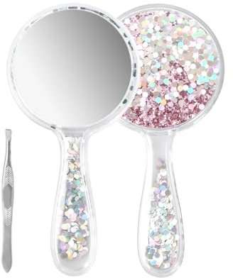 Kaslaider Handspiegel, Schminkspiegel Runde Form, Professioneller Handspiegel mit Griff in Ergonomischem Design, Reise Kleiner Spiegel mit Pinzette für Damen Tägliche Make-up