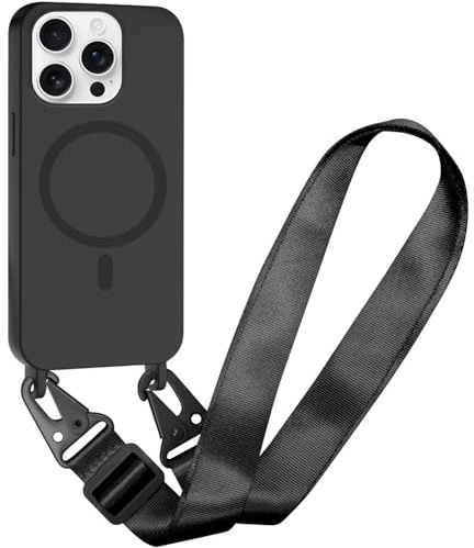 SLWYF Magnetische Handykette für iPhone 14 Pro Max Hülle, Handyhülle Kompatibel mit MagSafe, mit Band Silikon Seil Necklace Handyhülle PU Stoßfest mit Abnehmbar Hülle, Schwarz