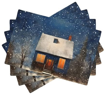 Tischsets aus Holz, waschbar, verschneite Holzhaus-Platzsets, hitzebeständig, 45 x 30 cm, Feiertagsparty-Dekoration, 4 Stück