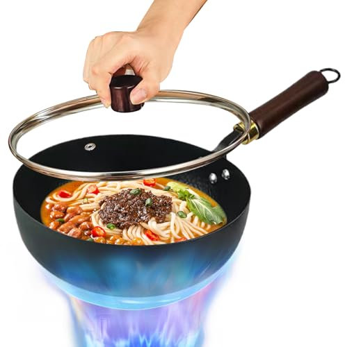 Japanese Wok, Japanese Iron Pan Wooden Lid, Thick Non-stick Hand-Forged Pot, Compatible Stove Induction Hob, Ideal for Kitchen Restaurants Home Camping, Black, 40x20x10cm
