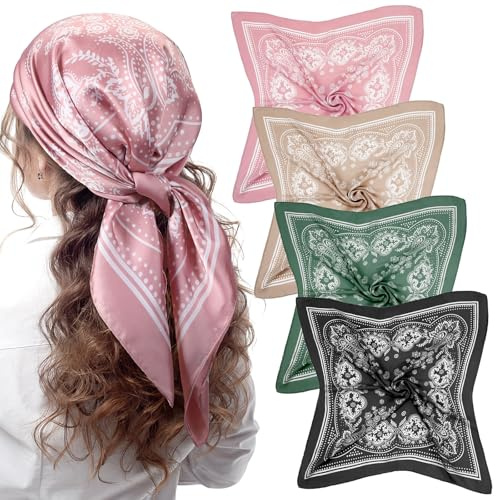 Syhood Lot de 4 foulards carrés en satin de 68,6 cm, bandanas en satin pour femme, bandeau d'Halloween, foulards au toucher soie, couvre-chef bohème