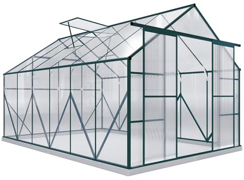 Outsunny 8 x 12ft Aluminium Greenhouse Polycarbonate Walk-in Garden Greenhouse Kit with Adjustable Roof Vent, Rain Gutter, Double Sliding Door and Foundation - Clear