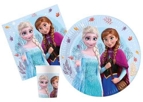 Ciao Kit Party Tavola Disney Frozen Idyllic Wonder per 24 persone (88 pezzi: 24 piatti Ø23cm, 24 bicchieri 200ml, 40 tovaglioli 33x33cm) in carta FSC compostabile eco-friendly