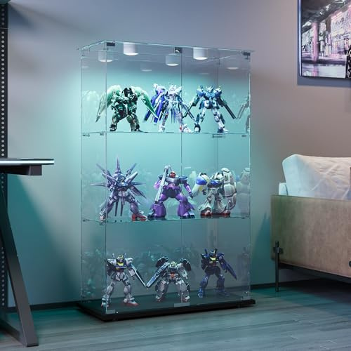 BPKADHY Glasvitrine Standvitrine mit LED Beleuchtung, Glasvitrine Stehend mit 3 Glasböden & 2 Glastüren abschließbar, Vitrinenschrank für Wohnzimmer Büro Sammlerstücke Bücher Wein Schwarz