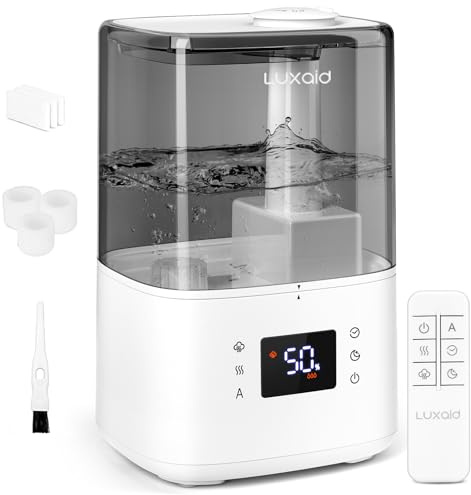 4.5L Luxaid Warm & Cool Mist Humidifier for Bedroom Baby with Humidify Sensor, Humidifiers for Home Plants with Remote, 28dB Quiet Top Fill Air Humidiier, Diffuser, 45H, Timer, Auto Shutoff, HU-802