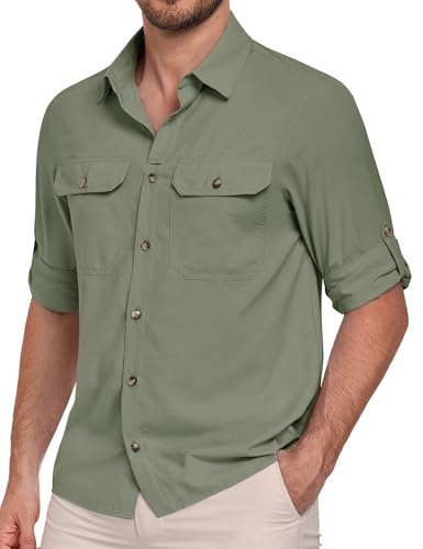 heekpek Camicia Uomo Manica Lunga Estive UPF 50 Maglietta Anti UV Traspirante Funzionale Camicie per Safari Trekking Pesca, Verde Militare, M