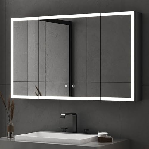 Goezes Spiegelschrank Bad mit Beleuchtung LED Badezimmerschrank 60x90cm, 3-türig Badschrank mit 3-Farben Dimmbar Licht, Defog, Schwarz Hängeschrank für Badezimmer, Doppel Spiegel Cabinet