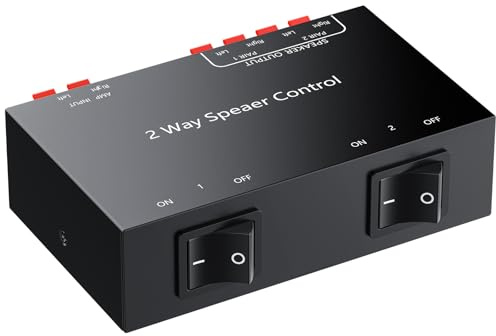 LiNKFOR 2 Zone Speaker Switch Box for Stereo Amplifier | Passive 1 in 2 out Speaker Selector with Independent Zone Buttons, 150W/Channel, Spring Clip Terminals