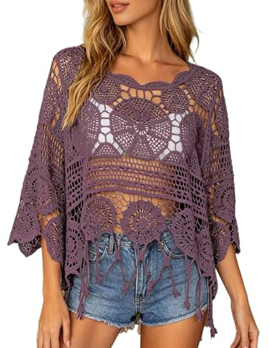 Häkeltop Damen Sommer Tops Cover up Strandtop Langarm Boho Oberteile Rundkragen Häkel Oberteil Elegant Strandbluse Locker Bikini Cover up Durchsichtig Blusenshirt Leichte Luftige Stricktop