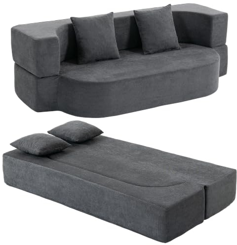HOMCOM Schlafsofa 2-Sitzer Bodensofa Klappbar Sofa Bett 190 cm Dunkelgrau | Ohne Gestell, Mit Armlehnen, 2 Kissen, Bequeme Schlafcouch, Chenille-Optik, Wohnzimmer, Schlafzimmer