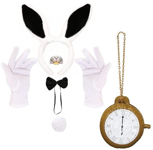 COSTUME ADULTE ENSEMBLE D'ACCESSOIRES DE LAPIN SERRE-TÊTE DE LAPIN OREILLES + NŒUD PAPILLON + QUEUE DE LAPIN DUVET + HORLOGE GONFLABLE GÉANTE + NEZ DE LAPIN + GANTS BLANCS LIVRE D'HISTOIRES